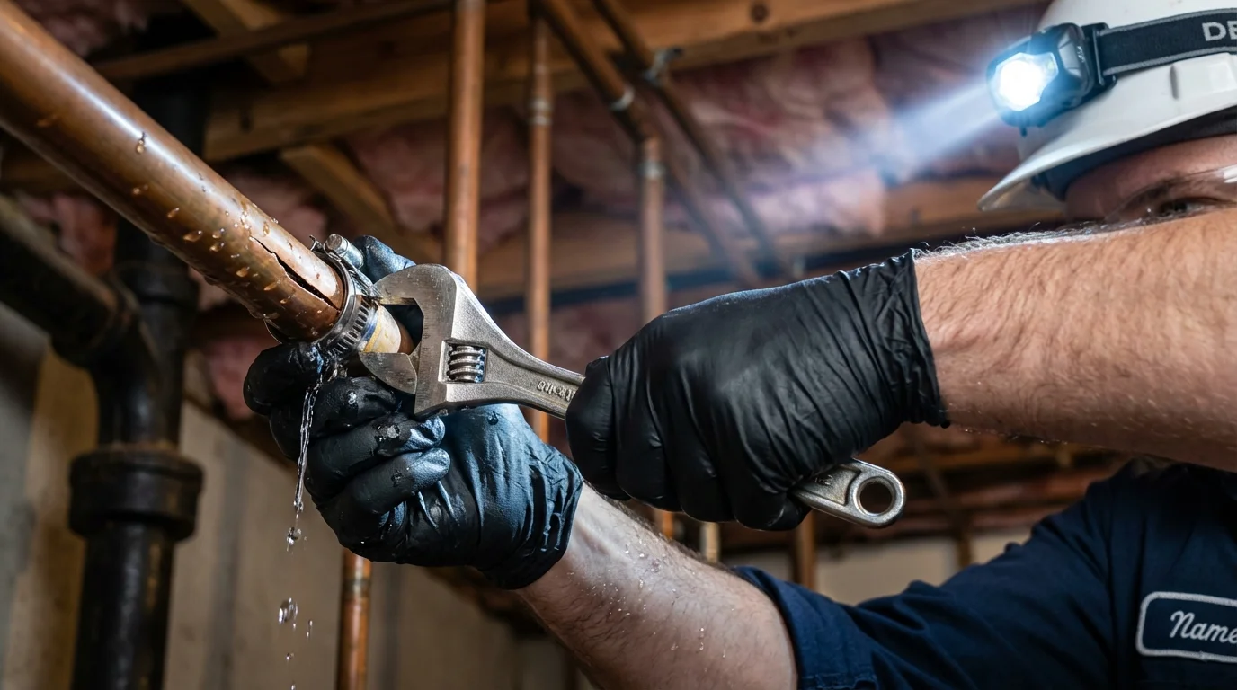 Emergency pipe clamp repair being performed by a Johns Plumbing LLC plumber in Elverta