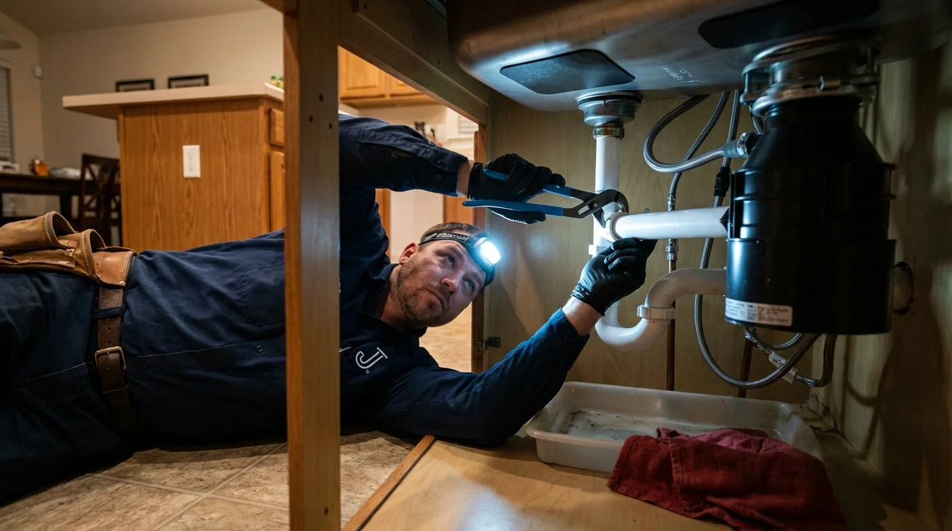 P-trap and supply line connections under a kitchen sink showing a common leak point in Elverta, CA